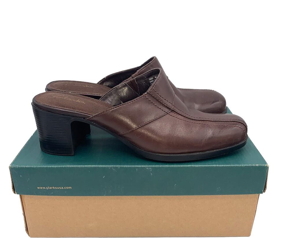 Clarks England MINGLE Dark Brown Leather Open-Back Heel Clogs Women's Size 8M
